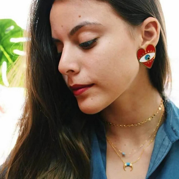 NEW! Boho Red Enamel Heart Evil Eye Stud Earrings - Picture 4 of 7
